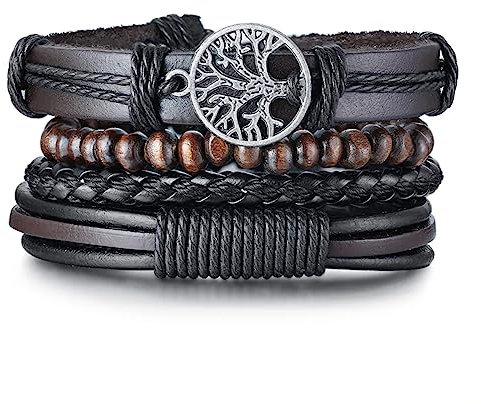 BEDT 4 Pièces/Ensemble Bracelets pour Hommes Arbre De Vie, Bracelet en Cuir Noir