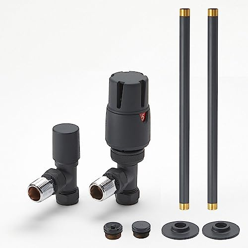 MILANO Anthracite Angled Thermostatic Radiator Valve Pipe Connector | Brass Construction. Fits Radiators & Towel Rails. Angled Valve Design. Contemporary Style. 1/2 Threads. Fits 15mm Pipes.
