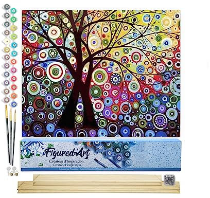 Figured'Art Malen Nach Zahlen Erwachsene Mit Rahmen Baum im Buntglaseffekt - Paint by Numbers Basteln DIY Bastelset 40x50cm Mit Keilrahmen (nicht gespannt)