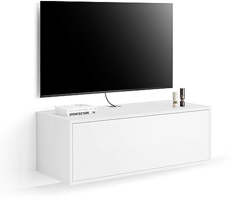 Mobili Fiver, Porta Tv sospeso Iacopo Con Cassetto, Bianco Frassino, 104 cmx42 cmx36 cm, Mobile Tv Sospeso Moderno per televisori fino a 43'', Made in Italy