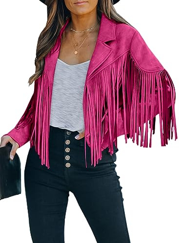 Daysskk Veste en faux daim pour femme - Manches longues et franges - Style western, rose, L
