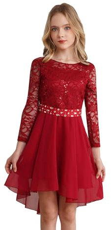 IEFIEL Robe Cocktail Princesse Fille Enfant Robe Mariage Dmoiselles d'honneur Manche Longue Strass Dentelle Trapèze Robes Soiree Bal Eté Rouge 11-12 Ans