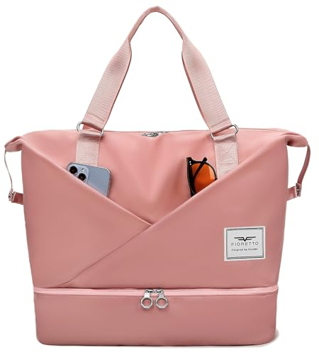 FIORETTO Damen Reisetasche Mit Laptopfach, Sporttasche Handgepäck Weekender, Schwimmtasche Mit Separatem Schuhfach Und Nassfach, Travel Duffle Fitnesstasche Trainingstasche für Damen Rosa