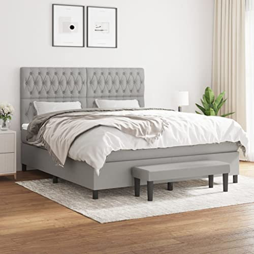Homgoday Boxspringbett mit Matratze, hellgrauer Stoff, 180 x 200 cm, gepolstert, Lattenrost, Taschenfederschutz, anpassbar, wendbar, Stoff, Typ 45