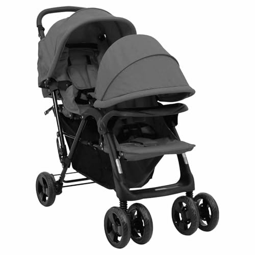 Gecheer Geschwisterwagen mit verstellbare Dach & Ablagekorb Zusammenklappbar Kinderwagen Dunkelgrau Stahl