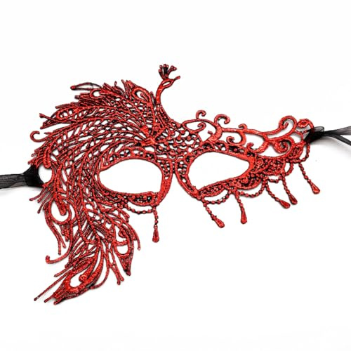 Whakano 1 Stück Pfauen Maskerade Maske Venezianische Maske Spitze Damen Herren,Sexy Lace Augenmaske,Pfauen Halbes Gesicht Maske für Halloween Karneval Abendkleid Tanz Ball Kostüm Party Cosplay,Rot