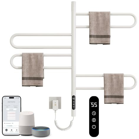 Scaldasalviette Elettrico Bagno, Rotazione di 180° Termoarredo Elettrico Bagno, Scalda Salviette da Bagno Elettrico, Scaldino Asciugamani, con Timer/Temperatura Regolabile, Basso Consumo-WiFi White