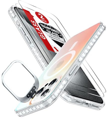 LeYi 3 in 1 Magnetic Case for iPhone 15 Pro Max, Compatible with MagSafe, 2 Screen Protector, Built-in Camera Metal Kickstand Phone Case, Holographic Iridescent Matte Back Shockproof Cover, White