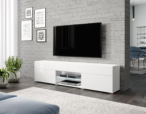 MINIO go for it - TV Schrank Care, TV Kommode 180 cm mit 2 Schubladen, TV Bank mit 2 Offenen Nischen, TV Tisch mit 2 Klappen, Fernseher Regal für Wohnzimmer - Weiss/Weiss Hochglanz Farbe