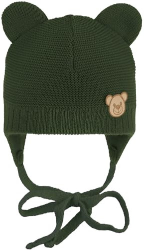 CiuchCiuch Baby-Mütze mit Ohren zum Binden Bär - Wintermütze Mädchen Jungen Baby Kinde- Für Weihnachten - Zur Taufe - 100% Acryl - Futter aus Baumwolle und Elasthan - Khaki 40-42 cm