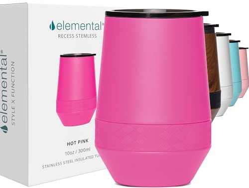 Elemental Recess Wine Tumbler - Triple Wall Insulated Stainless Steel Coffee Mug for Hot & Cold Drinks - Portable Cup with Shatterproof Sip Lid for Camping, Outdoor & Travel - 10oz - Hot Pink
