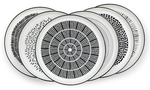 Artime - Set di 6 piatti, piatti fantasiosi, piatti neri e bianchi, piatti Chic, piatti piatti, piatti in porcellana