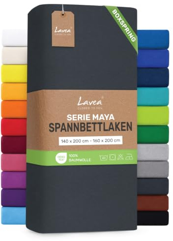 Lavea® Spannbettlaken 140-160x200 cm - für Boxspringbett – Anthrazit | Jersey Spannbetttuch mit 40 cm Steghöhe, 100% Baumwolle, weich, atmungsaktiv, pflegeleicht, formstabil – Perfekte Passform