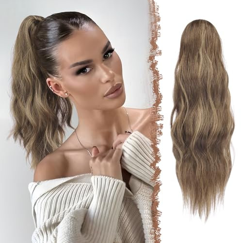 FESHFEN Gewellt Pferdeschwanz Haarteil mit Klammer, 50cm Pferdeschwanz Zopf Extensions Claw Clip in Wavy Ponytail Extension Synthetik Haarverlängerung für Frauen Damen, Braun Gemischt Honigblond