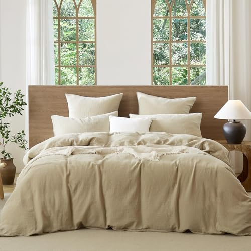 Lanqinglv Doppelte Musselin Bettwäsche 135x200 Baumwolle Taupe,Leinenoptik | ÖKO-TEX Zertifiziert,für Allergiker,4 Jahreszeiten Set,Atmungsaktiv Bettbezug 1 Kissenbezüge 80x80 mit Reißverschluss