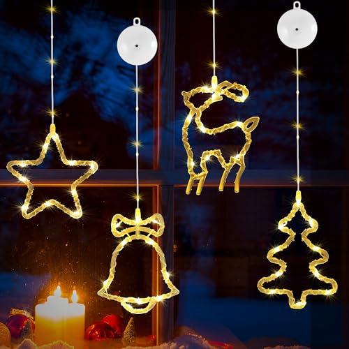 DazSpirit 4 Luces Ventana Navidad, 13 LEDs Luces de Navidad con 8 Modos y Temporizador Automático, Cortina Led Pilas para Ventanas, Puertas y Fiesta (Blanco Cálido)