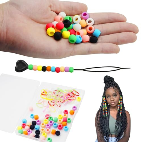 Lot de 50 perles de cheveux en silicone pour filles, décorations pour perle cheveux enfants, perles colorées en caoutchouc avec enfile-perle cheveux tresse africaine, boîte en plastique, perles