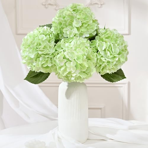 4 fiori artificiali di ortensia verde chiaro, in lattice, realistici al tatto, 40 cm, fiori finti di ortensia per decorazione domestica, feste, matrimoni, centrotavola, bouquet composizioni floreali