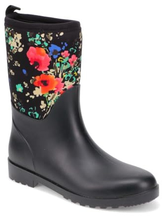 Pavers Neoprene Wellington Boots with Stylish Floral Design - Comfortable Waterproof Ladies Casual Footwear - Black Floral Size 7