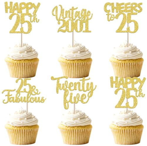 30 Stück Vintage 2001 Cupcake Toppers Glitzer Happy 25th Geburtstag Tortendeko Cheers to 25 Fabulous Twenty One Kuchen Deko für 25th Geburtstag Hochzeit Jahrestag Party Gold