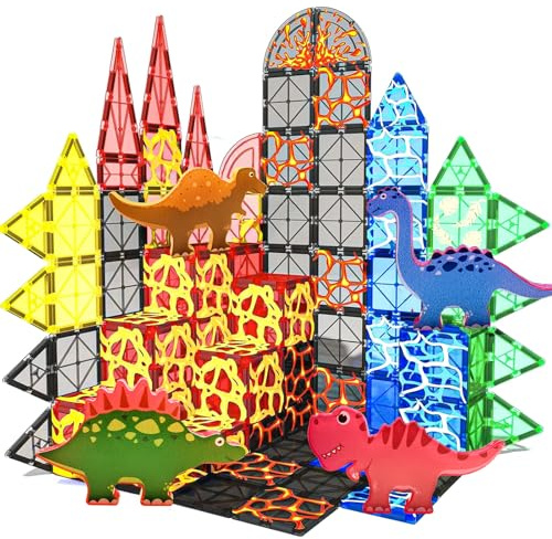 ALNIYATX Magnetic Tiles Toys Lava Dinosaur World Set, Dino Magnetic Blocks Building Block, STEM Educational Toy for Kids 3-5 5-7,Birthday Gift for Girls Boys Age 4-6 6-8, Family, Kindergarten