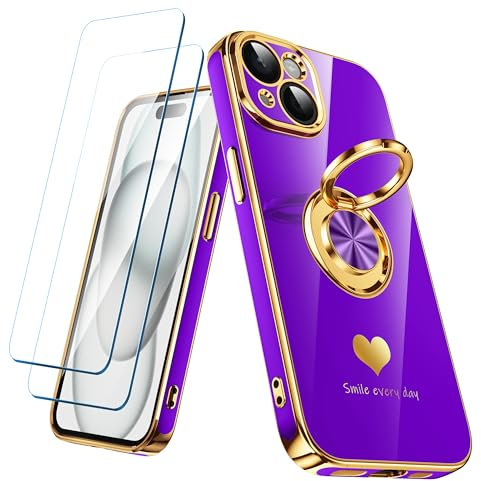 Nonional Compatible for iPhone 15 Case with 2 Pack Screen Protector, 360° Rotatable Ring Holder [Luxury Hearts Pattern] Plating Gold Edge Slim Soft Phone Cover Case for iPhone 15 - Neon Purple