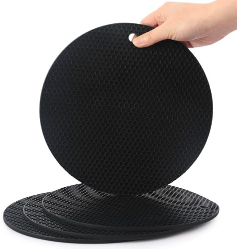 SOSMAR 4 Stück Premium Topfuntersetzer Silikon Untersetzer Ø 23,5cm - Hitzebeständige Unterlage aus 5MM dickem Silikon, Topflappen Topfschoner Pfannenschoner Küchenhelfer (Schwarz)
