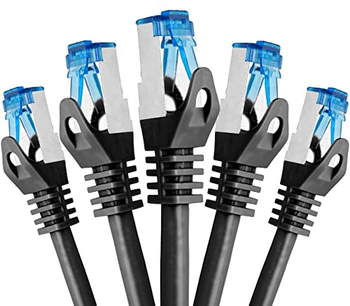 BIGtec - 5 Stück - 0,15m CAT 7 Kabel Netzwerkkabel Patchkabel Gigabit Patch DSL LAN Kabel CAT.7 Ethernet schwarz Kupferkabel doppelt geschirmt RJ45 Stecker Cat-7 S/FTP PIMF 10 Gbps 15cm kurzes Kabel