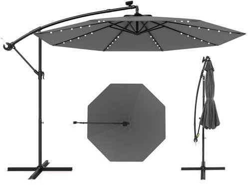 RELAX4LIFE Parasol Déporté Solaire Φ300 cm avec LEDet Manivelle, Parasol Incliné 35°avec Pied en Croix,Parasol de Jardin Extérieur pour Cour Plage Bord de Piscine (Gris)