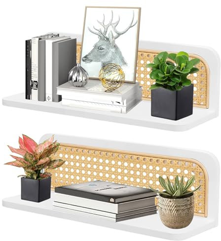 Qivine Wand Regal 2 Set, Rattan Wandregal Kinderzimmer Rustikal, Wandregale Holz zur Aufbewahrung für Wohnzimmer, Schlafzimmer, Badezimmer