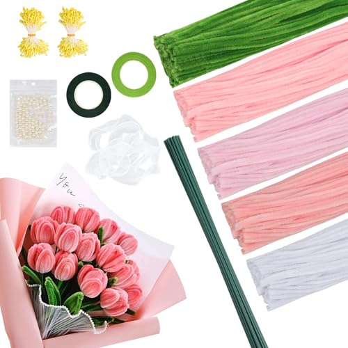 500pcs Pipe Cleaners for Craft Flowers, 30cm Long Flexible Pipe Cleaners for Tulip Bouquet, Chenille Stems DIY Arts, Pipecleaners Kit with Florist Tape for Creative Handmade DIY Decorations (Pink)