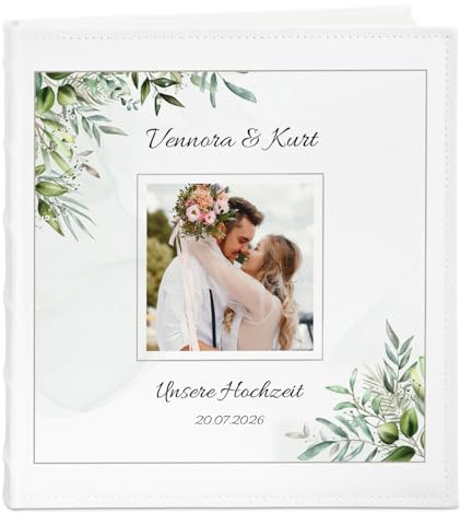 Maverton Einsteckalbum mit Aufdruck für 500 Fotos | Fotoalbum zum Einstecken 10x15 cm, 33x33cm, Weiß, personalisierte Geschenke zur Hochzeit, Hochzeitsgeschenk für Brautpaar
