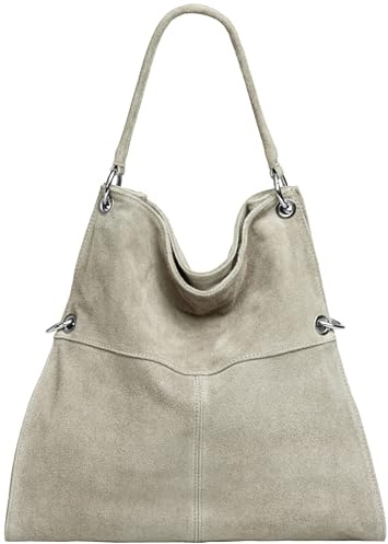 Caspar Große Vintage Leder Schultertasche Damen Handtasche aus weichem Wildleder - PREMIUM LINE - Modell No.805 - Made in Italy, Farbe:grau beige, Größe:One Size