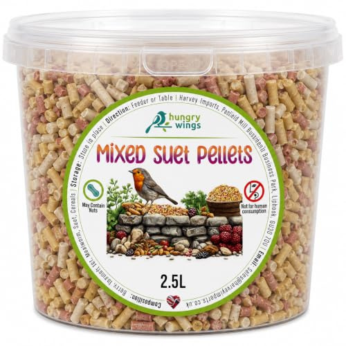 Hungry Wings Premium Suet Pellets Wild Bird Food – 2.5L Tub – High Energy Berry, Insect, Mealworm & Mixed Flavours (2.5L Tub, Mixed)