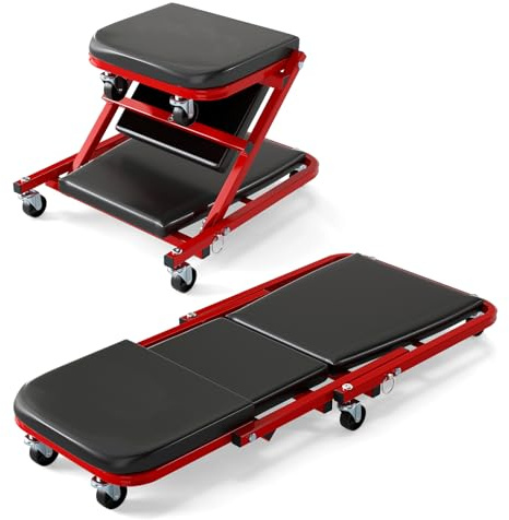 GYMAX klappbares Werkstatt Rollbrett, 2 in 1 Rollsitz & Werkstattliege mit 360° drehbare Lenkrollen, Sitz- & Liegefunktion, schwerlastfähig Montagerollbrett bis 150 kg (Schwarz)