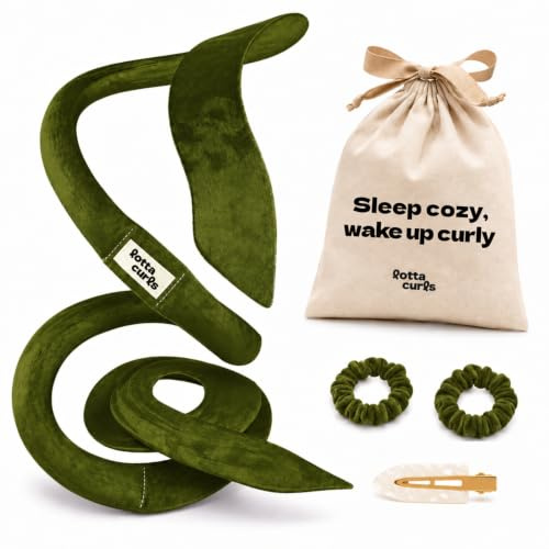 Lotta Curls, Lockenband, Samt, Locken ohne Hitze, Heatless Curls (Olive) | Samtband, rutschfest, Traumlocken über Nacht | bequem schlafen ohne Hitze | inkl. 2 Scrunchies & Styling Clip & Stoffbeutel