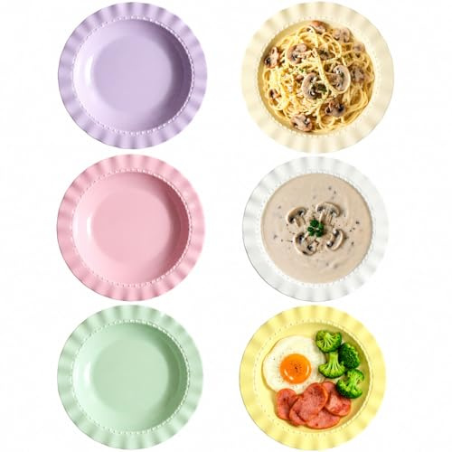 6 Pièces Assiette Plastique Reutilisable, Rigide Plastic Service Vaisselle pour Pâtes Salades Soupes, Coloré Assiette Creuse Plates Dessert Tableware Pour Micro-Ondes, Lave-Vaisselle