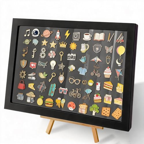 BAIFULAI Vitrine à épingles, 35 x 24 cm, boîte de rangement pour broches, boîte de rangement avec support, étui de présentation verrouillable, noir, présentoir en émail pour épingles, aiguilles de