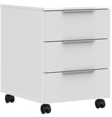 SANTORIN Rollcontainer Schreibtisch Weiß 45 x 61 x 55 cm (B/H/T) | Mobiler Büroschrank, Glasfronten, 3 Schubkästen, Rollen mit Bremse, Metallgriffe, Stauraum für das Büro