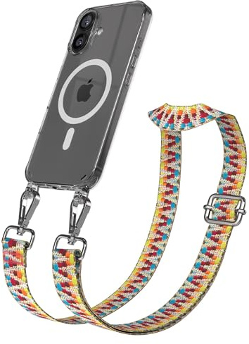 EAZY CASE Handykette - Verstellbares Taschenband kompatibel mit iPhone 16, Schulterriemen, Handykordel mit Silikon Hülle, Qi Charging kompatibel, Umhängetasche, Regenbogen Silber