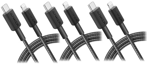 Anker 322 USB-C to Lightning Cable Braided MFi Certified iPhone Charger Cord for iPhone 15, 14, 13, 12, 11, iPad, AirPods – Durable Fast Charging Data Sync Cable Long Length – Black, 6ft, Pack of 3