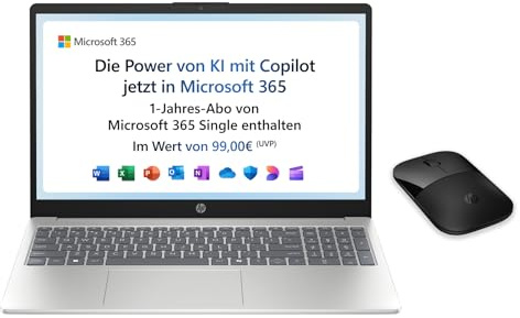 HP Laptop mit 15,6 FHD Display, Intel N100, 4 GB DDR4 RAM, 128 GB UFS, Intel UHD Graphics, Microsoft 365 Single (1 Jahr) enthalten, Windows 11 Home im S-Modus, QWERTZ, Silber +HP Z3700 kabellose Maus