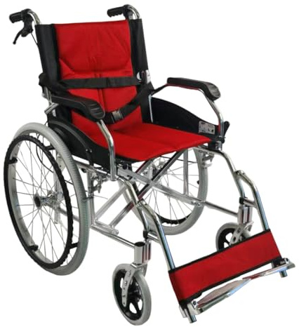abc HOME Leichtgewichtrollstuhl Aluminium – Nur 11kg Eigengewicht – Faltbar & Kompakt – Sitzbreite 46cm – Belastbar bis 120kg – Inkl. Feststellbremse & Sicherheitsgurt – Mobilitätshilfe Rot/Schwarz