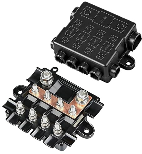 Porte-fusibles 12V pour 1fusibles MEGA et 4 fusibles MIDI,avec barre de bus | bloc de fusibles en polyamide avec couvercle pour voiture, bateau, camping-car, camping-car, solaire et hors réseau
