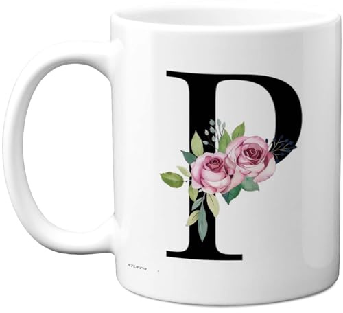 Stuff4 Personalisierbare Tasse mit Initiale P, florales Monogramm mit rosa Rosen, charmantes Geschenk für Sie oder Schreibtischdekoration, 325 ml, glänzende Keramiktasse