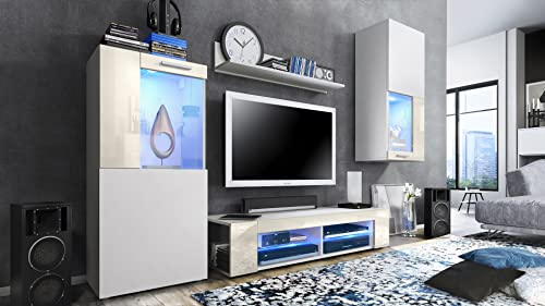 Vladon Wohnwand Movie, Anbauwand bestehend aus 1 TV-Board, 2 Vitrinen und 1 Regal, Weiß matt/Weiß matt/Creme Hochglanz, inkl. LED-Beleuchtung in blau (Gesamt: 300 x 190 x 39 cm)