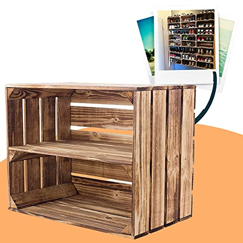 6 geflammte Kisten für Schuhregal und Bücherregal - flambierte Obstkiste Holzkiste Weinkiste Apfelkiste Birnenkiste mit Mittelbrett / Zwischenbrett als Regal - Altes Land 50x40x30cm