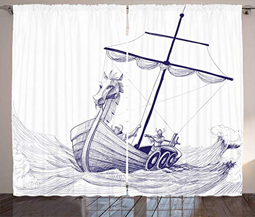 ABAKUHAUS Wikinger Rustikaler Gardine, Drakkar Langer Bootsdrache, Schlafzimmer Kräuselband Vorhang mit Schlaufen und Haken, 280 x 260 cm, Lila Weiß