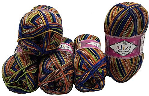 5 x 100 Gramm Sockenwolle mehrfarbig, 75% Schurwolle, 500 Gramm Wolle für Stricksocken und Strümpfe (blau grün terrakotta u.a. 2701)
