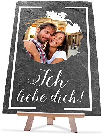 wandmotiv24 Schieferplatte mit Staffelei, 20x30cm, personalisiert mit Foto, personalisierte Geschenke zur Hochzeit, Valentinstag, Jahrestag, Geschenkidee für Sie und Ihn, Spruch Ich Liebe Dich! M0012